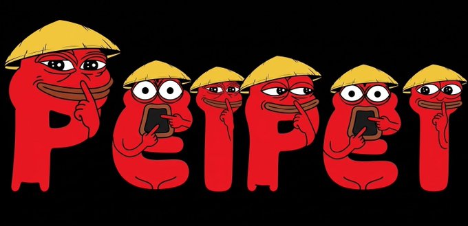 Red cartoon figures wearing yellow straw hats forming the letters of the word "PEIFSI" against a dark background.