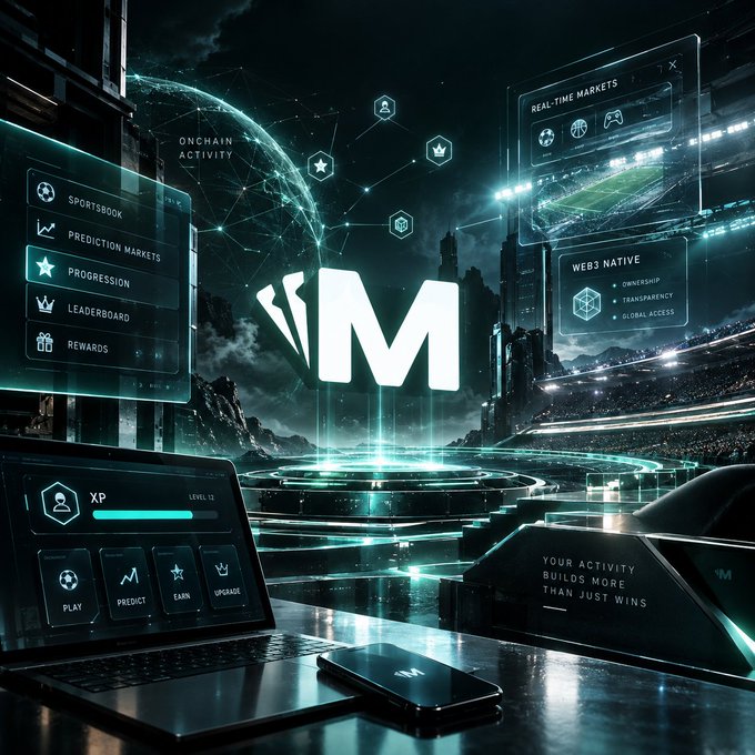 A futuristic promotional graphic with a large 'M' logo, featuring text like 'ONCHAIN ACTIVITY', 'SPORTSBOOK', 'PREDICTION MARKETS', 'PROGRESSION', 'LEADERBOARD', 'REWARDS', 'REAL-TIME MARKETS', 'WEB3 NATIVE', 'OWNERSHIP', 'TRANSPARENCY', 'GLOBAL ACCESS', and 'YOUR ACTIVITY BUILDS MORE THAN JUST WINS'.