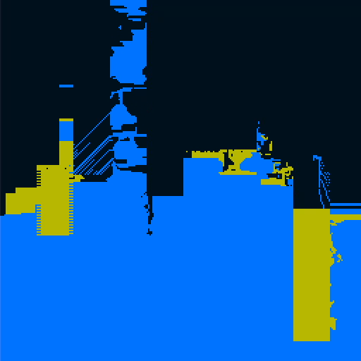 An abstract or glitched image consisting of blue and yellow blocks of color with pixelated distortions.