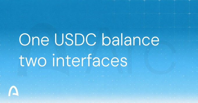 A blue gradient background with the text 'One USDC balance, two interfaces' displayed prominently.