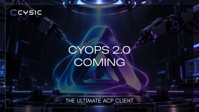 Futuristic promotional graphic for CYSIC announcing 'CYOPS 2.0 COMING - THE ULTIMATE ACP CLIENT' with a glowing triangular logo and robotic arms.