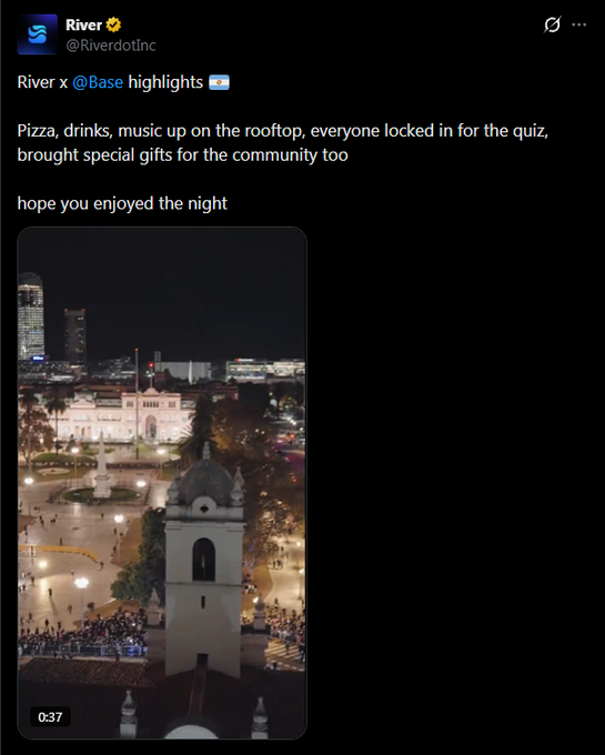 The image shows an advertisement for a nightclub called River X, which features a large city skyline at night as the backdrop. The advertisement also displays information about a Twitter account associated with the nightclub and includes a link to their Twitter page, where you can see pictures of people enjoying pizza and drinks there.