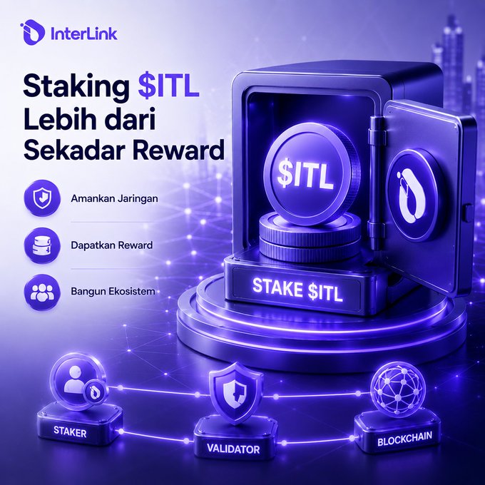 A purple-themed promotional graphic for InterLink advertises '$ITL Staking Lebih dari Sekadar Reward' with icons for securing the network, earning rewards, and building the ecosystem, featuring a 3D vault illustration.