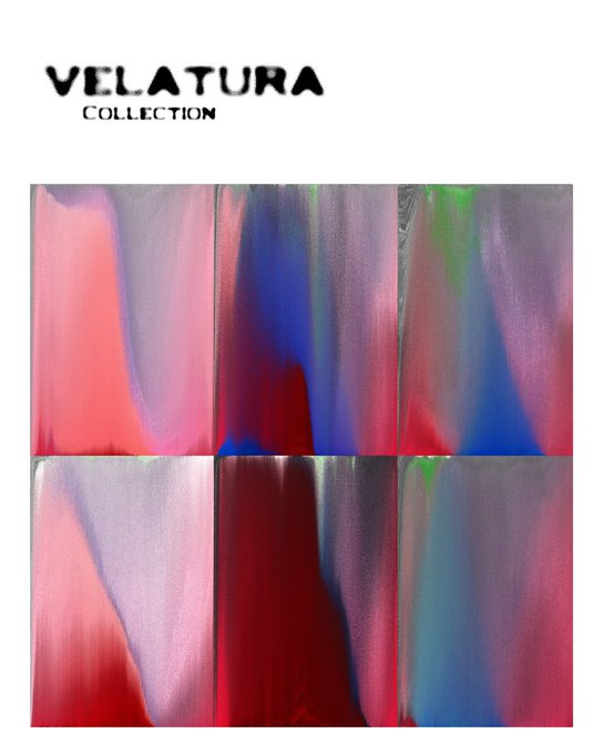 A six-panel abstract artwork from the "VELATURA COLLECTION" featuring flowing, gradient washes of pink, blue, red, and green that resemble draped, iridescent fabric. The piece is being auctioned live on objkt.com with a starting bid of 202 xtz for 24 hours, titled "Nephia."