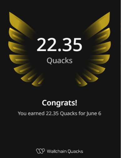 The image features an app screen displaying an award for earning 22.35 Quacks within a single day on WallchainQuacks, with congratulations displayed below. The text indicates that the user has earned this award due to their active engagement on the platform during June 6th. This achievement is recognized by the app's leaderboard system, which measures how well users engage in the platform and connects it to real leaderboard progress. The award serves as a form of motivation for users to participate actively in the community and improve their performance over time.