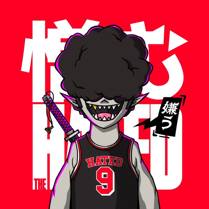An anime-style illustration of a character with an oversized black afro, pointed ears, sharp teeth, and a gold tooth, wearing a black 'HATEO' jersey with the number 9 and carrying a katana against a red background with Japanese text and '嫌う' (meaning 'to dislike/hate').