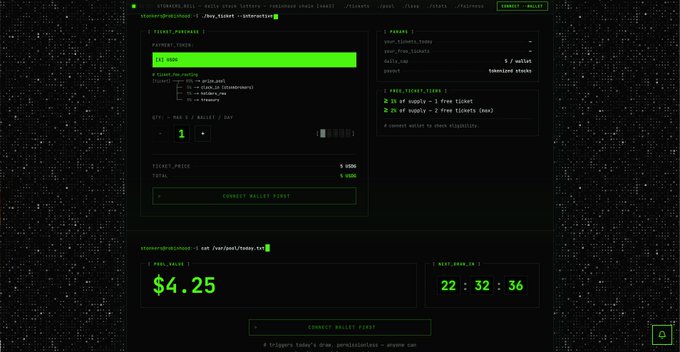 A dark terminal-style interface with green text showing a token purchase page for "/dev/ticket," with a wallet balance of $4.25 and a countdown timer at 22:32:36.