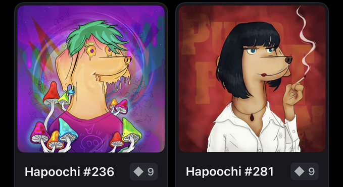 Two NFT character cards are displayed: 'Hapoochi #236' featuring a dog with green hair surrounded by psychedelic mushrooms, and 'Hapoochi #281' showing a dog with a black bob haircut smoking a cigarette.