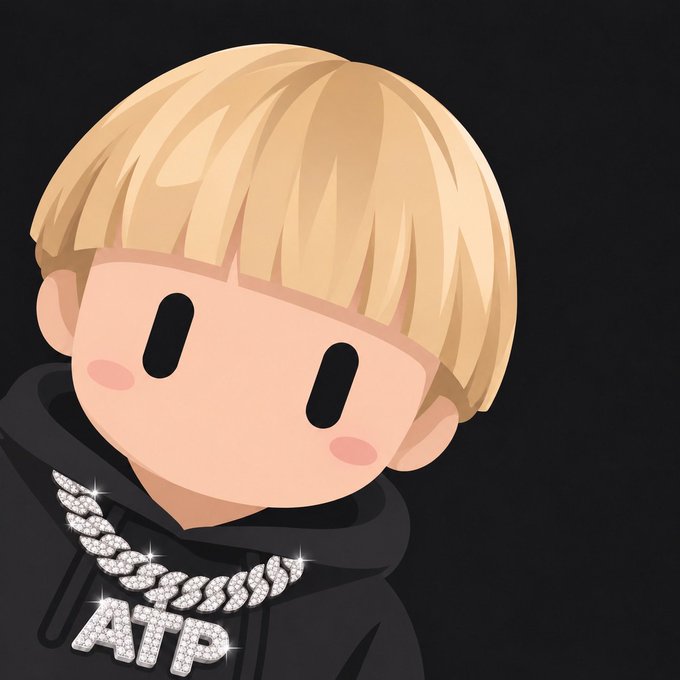 A chibi-style cartoon character with a blonde bowl cut wears a black hoodie and a sparkling diamond chain spelling "ATP," set against a dark background, visually playing on the post's joke about "grokification"—the AI-generated style becoming instantly recognizable through cutesy, simplified character art.
