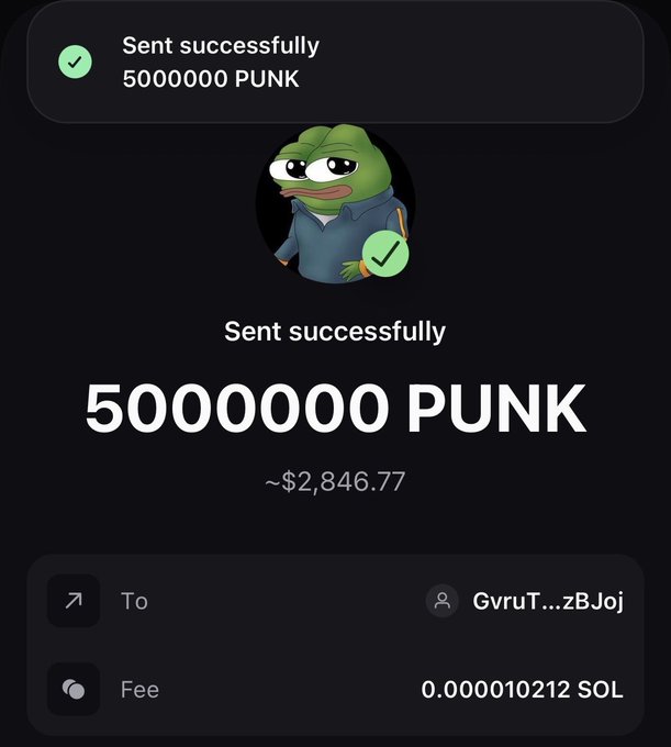 A confirmation screen showing a successful transfer of 5,000,000 PUNK (~$2,846.77) with a 0.000010212 SOL fee sent to the address "GvruT....zBJoj," featuring the iconic sad frog meme, tying into the post's frog-themed airdrop to @cometcalls.