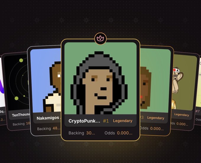 A digital card display features the iconic 'CryptoPunk #1' labeled as Legendary in the center, flanked by other collectible cards including 'Nakamigos' and other Legendary NFTs.
