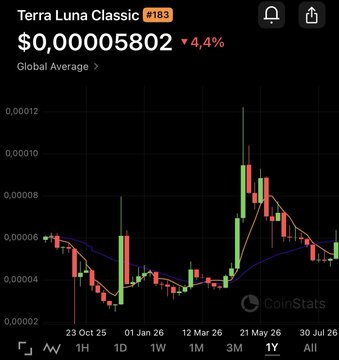 CoinStats chart showing 'Terra Luna Classic (#163)' priced at $0.000005802, up 4.4% over a 1Y timeframe.