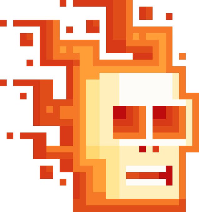 Pixel art illustration of an orange and red fiery humanoid face/head character with a blocky, disintegrating style.