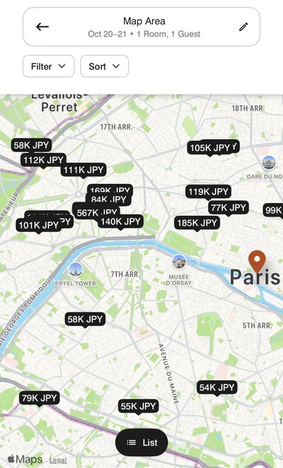 A map view of Paris on a booking app, showing hotel prices in JPY (e.g., 58K JPY, 112K JPY, 77K JPY) for Oct 20-21, 1 Room, 1 Guest, near landmarks like the Eiffel Tower and Musée d'Orsay.