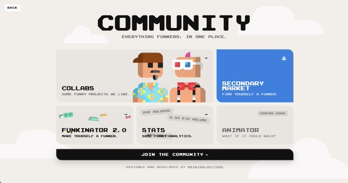 A webpage screenshot titled 'COMMUNITY - EVERYTHING FUNKERS, IN ONE PLACE' featuring pixel art characters and sections for 'COLLABS', 'SECONDARY MARKET', 'FUNKINATOR 2.0', 'STATS', and 'ANIMATOR'.
