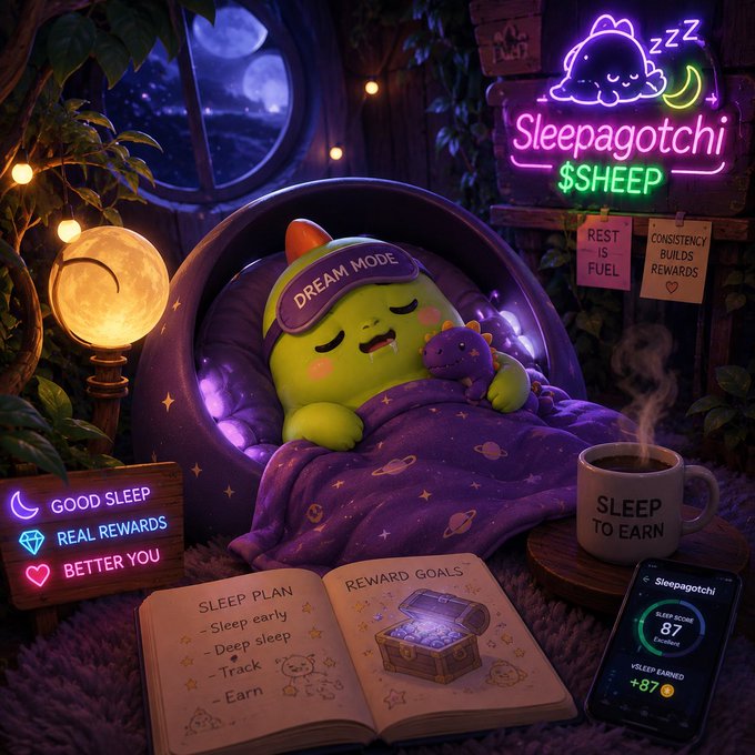 A cozy, neon-lit illustration of a green cat-like character named 'Sleepagotchi $SHEEP' sleeping in 'DREAM MODE,' surrounded by wooden signs reading 'GOOD SLEEP, REAL REWARDS, BETTER YOU,' 'REST IS FUEL,' 'CONSISTENCY BUILDS REWARDS,' and a notebook showing 'SLEEP PLAN' and 'REWARD GOALS.'