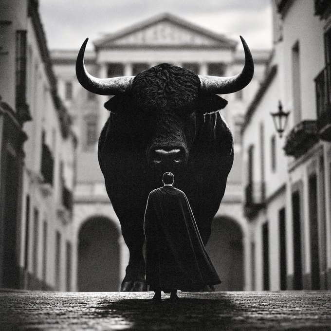 A hooded figure stands on a cobblestone street facing a massive bull, symbolizing a bold confrontation with market forces. The dramatic black-and-white scene visually reinforces the post's message of bullish confidence in the future of crypto in Europe, with the imposing bull representing powerful optimism and the lone figure embodying steadfast belief in growth.