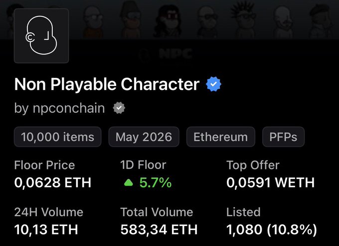 The image shows a screenshot of an iOS app display, with the title "Non Playable Character" prominently displayed at the top. Below this title, there are details about the floor price for NPCs on May 26th. The app also provides information about the total volume and listed prices for various NPC statistics, including the top offer amount and percentage.