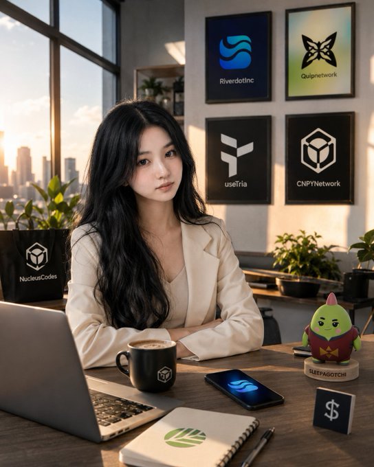 An AI-generated image of a young East Asian woman sitting at a desk with a laptop, a coffee mug, and a notebook, with framed posters for 'Riverdotinc', 'Quiipnetwork', 'useTria', and 'CNPYNetwork' on the wall behind her, and a small green character figurine and a 'NuclearCodes' laptop case nearby.