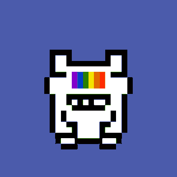 This pixel art features a white, creature-like avatar with a rainbow prism over its eye, likely representing "Compas" as a profile picture change to celebrate its appearance in Beeple's "Everyday!".