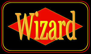A retro-style sign displays the word 'Wizard' in yellow stylized lettering against a red diamond shape on a black background with a yellow border.