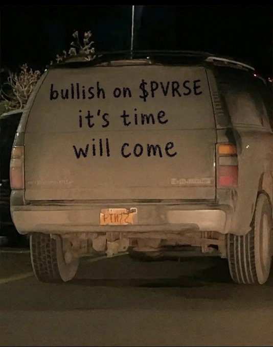 The rear window of a dirty SUV at night with the handwritten message 'bullish on $PVRSE it's time will come' and a New York license plate.
