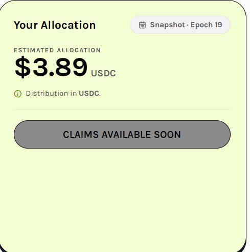 A pale yellow user interface panel titled "Your Allocation" showing an estimated allocation of $3.89 USDC from Snapshot - Epoch 19, with a disabled "CLAIMS AVAILABLE SOON" button.