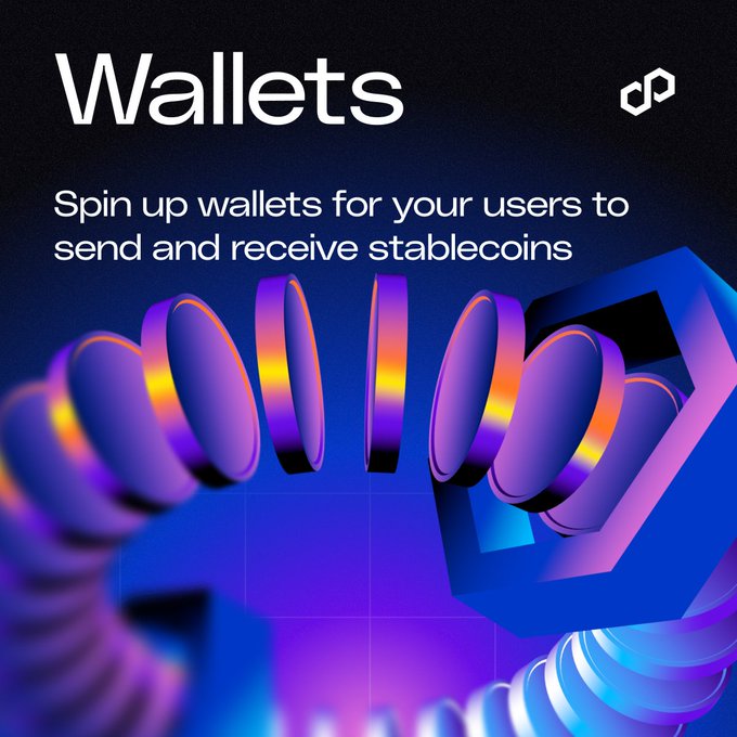 The image features a 3D rendering of a stack of coins, with the text "Wallets" displayed above the coins. The coins are arranged in a spiral pattern, creating an interesting visual effect against the dark blue background. Below this, there is a caption that reads "Spin up wallets for your users to send and receive stablecoins". This suggests that the image might be related to a cryptocurrency wallet or a platform where users can create and manage their own digital wallets.