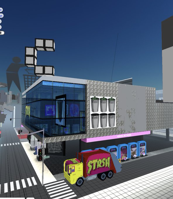 A pixelated yellow and red garbage truck labeled "STRSH" sits parked outside a modern glass storefront in the Cryptovoxels virtual world, where the "STRSH" gallery displays six NFT artworks in frames mounted on its textured stone facade. The scene captures the 2020 NFT boom aesthetic, with the glitchy graphics-style garbage truck serving as a nostalgic reference to the cryptocurrency art movement.