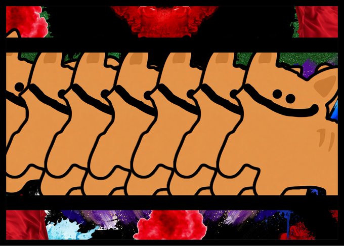 A repeating pattern of cartoon orange cat-like figures overlaid with colorful red, blue, and green paint splatter designs.