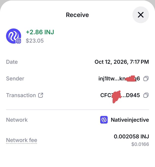 A cryptocurrency wallet receipt showing a received transaction of '+2.86 INJ' worth $23.05 on the Nativeinjective network, dated Oct 12, 2026.