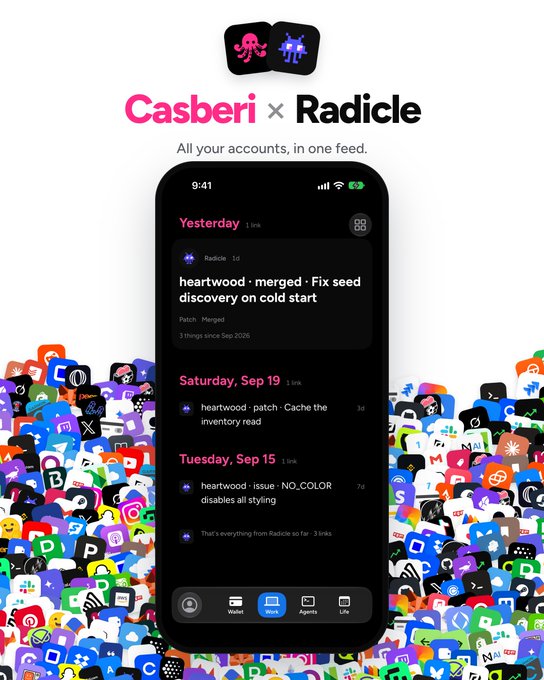 A promotional graphic for "Casberi x Radicle" with the tagline "All your accounts, in one feed," showing a smartphone displaying notifications for Radicle repository updates like "heartwood · merged · Fix seed discovery on cold start."