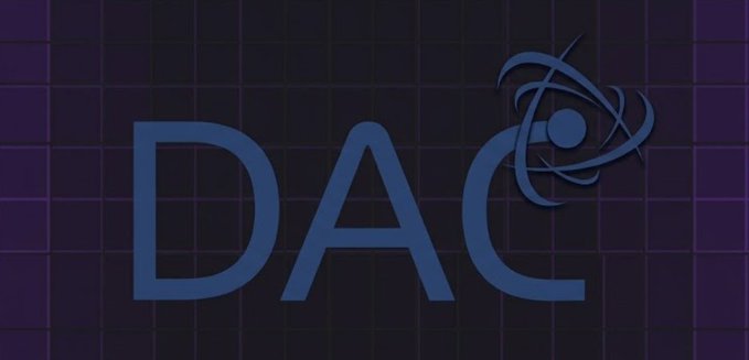The image features the "DAC" logo with a stylized atom-like graphic, set against a dark purple grid background. It visually represents the @dac_chain cryptocurrency project mentioned in the post, emphasizing its scientific or technological branding through the atomic symbol design.