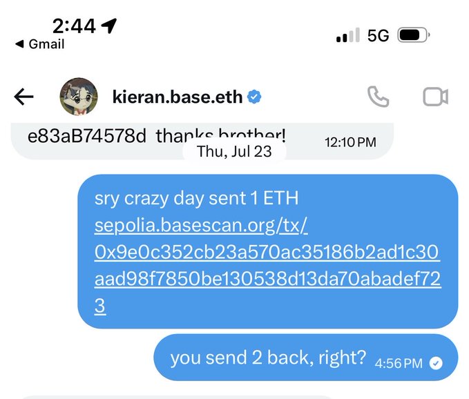 A screenshot of a Facebook Messenger conversation with "kieran.base.eth" showing a message about sending 1 ETH on the Sepolia testnet along with a transaction link, followed by a reply asking "you send 2 back, right?" — humorously illustrating a common crypto exchange mishap where someone accidentally sent real ETH instead of testnet ETH and is now awkwardly requesting it back.