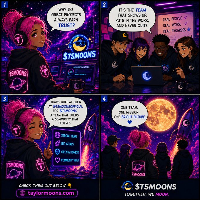 A four-panel comic for the cryptocurrency project $TSMOONS featuring characters in branded hoodies discussing team values, with concluding text "$TSMOONS - TOGETHER, WE MOON" and a call to action pointing to taylormoons.com.