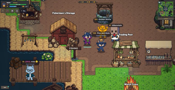 A pixel art video game scene showing a village with buildings labeled 'Fisherman's Storage', 'FISHING', 'Trading Post', and 'Watch Camp', with several cute animal character sprites.