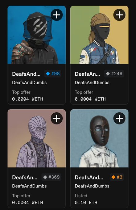 A screenshot of an NFT marketplace displaying four avatars from the 'DeafsAndDumbs' collection, with various offers and listing prices in ETH.