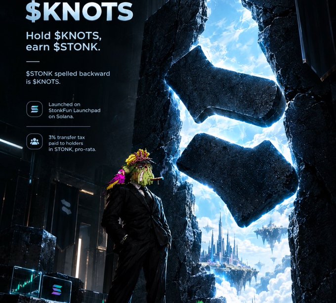 Promotional graphic for the $KNOTS meme token, featuring a surreal image of a figure in a suit with a colorful bouquet for a head, standing before a massive cracked wall revealing a futuristic floating city. The text reads "$KNOTS - Hold $KNOTS, earn $STONK," noting that $STONK spelled backward is $KNOTS, with details about its launch on StonkFun Launchpad on Solana and a 3% transfer tax distributed to holders in $TONK.