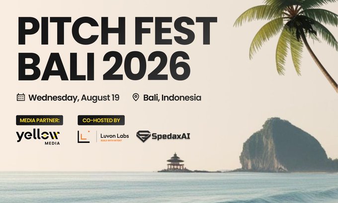 The image announces that Yellow Media is an Official Media Partner of Pitch Fest Bali 2026, co-hosted by Luvon Labs and SpedaxAI, taking place on Wednesday, August 19 in Bali, Indonesia. The image visually represents Bali with a palm tree and a coastal landscape, complementing the event's location.