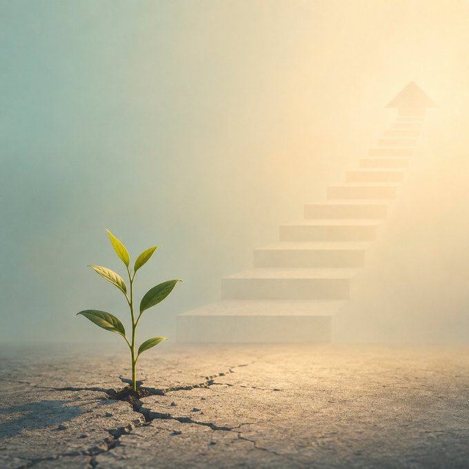 A conceptual image showing a small green plant sprouting from cracked dry ground, with a faint glowing staircase leading upward into a bright, hazy light.