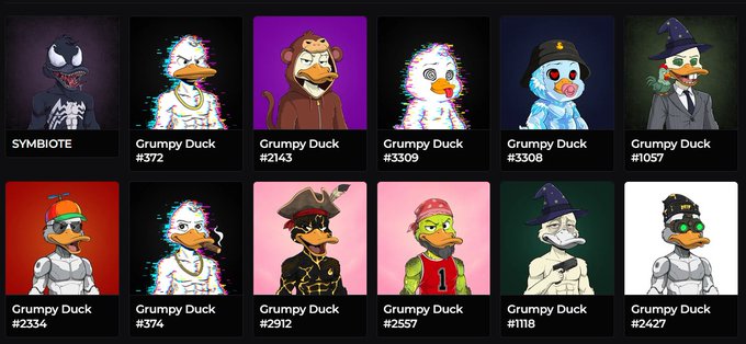 A digital gallery displaying various NFT collectibles in a grid format, featuring characters like 'SYMBIOTE', multiple 'Grumpy Duck' variants (#372, #2143, #3309, #3308, #1057, #2334, #374, #2912, #2557, #1118, #2427), and other stylized duck avatars in different costumes and themes.