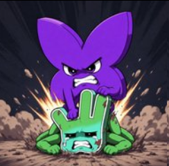 A purple butterfly character aggressively stomps on a fallen green GPU character, visually illustrating the post's metaphor of Butterfly declaring a fierce competitive challenge against a rival cryptocurrency project, vowing to outperform it through direct competition rather than malicious slander.