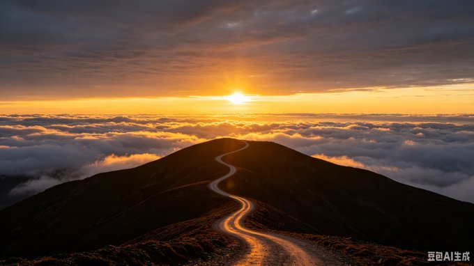 A scenic landscape shows a winding path leading up a mountain peak above the clouds at sunset, with Chinese text "豆包AI生成" (Doubao AI generated) in the corner.