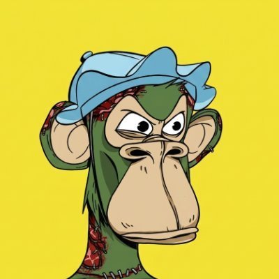 A cartoon illustration features an angry green monkey with stitched details wearing a blue cap against a solid yellow background.
