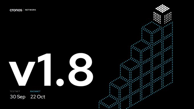 A promotional graphic for Cronos Network announcing version 'v1.8' with Testnet on 30 Sep and Mainnet on 22 Oct, featuring a pixelated isometric building design.