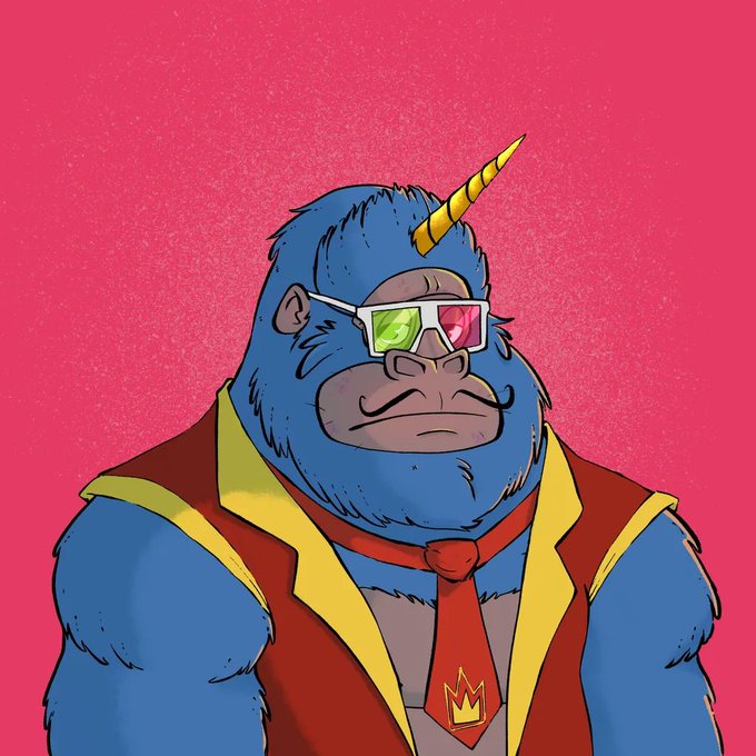A vibrant cartoon illustration of a blue gorilla or yeti-like character wearing 3D glasses, a red tie with a crown emblem, and a yellow and red vest, featuring a golden unicorn horn on its head against a bright pink background.