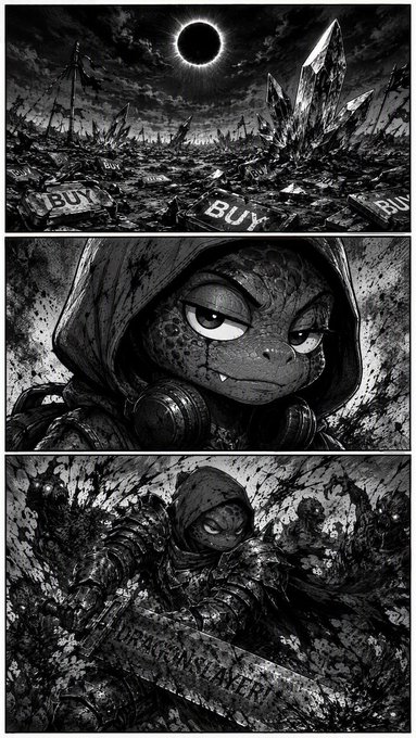 A black and white manga-style illustration in three panels featuring an anthropomorphic lizard character in a hoodie in a dark apocalyptic landscape with a solar eclipse overhead and tombstones marked 'SELL', 'BUY', 'HODL'.