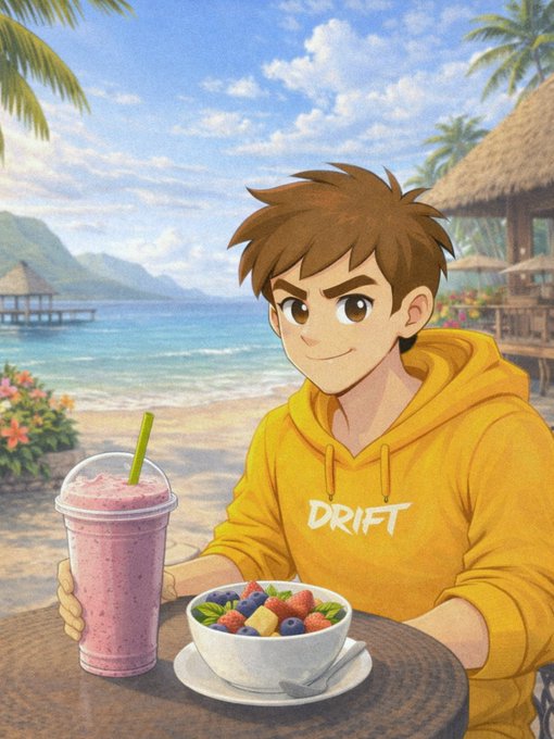 A cartoon-style illustration of a young man in a yellow 'DRIFT' hoodie enjoying a pink smoothie and a fruit bowl at a tropical beachside café.