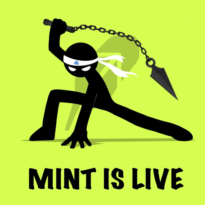 A ninja stickman in a dynamic fighting pose wields a chain weapon, with the bold text "MINT IS LIVE" displayed beneath against a lime green background, promoting the launch of the BeStickman NFT collection on OpenSea.