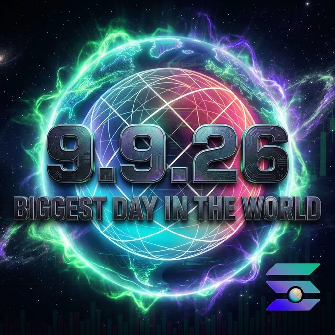 A vibrant promotional graphic featuring a glowing futuristic globe with the text '9.9.26 BIGGEST DAY IN THE WORLD' and a Solana logo in the corner.